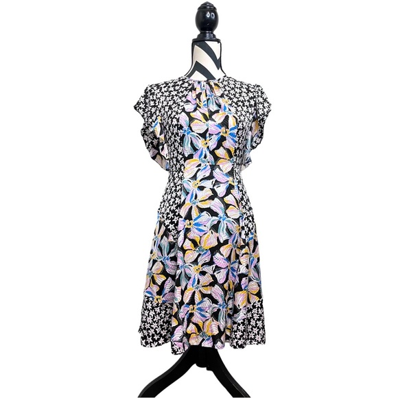 Rebecca Taylor Bow Fleur Mixed Floral Print Fit & Flare Sz 2 Silk Dress - Picture 1 of 14